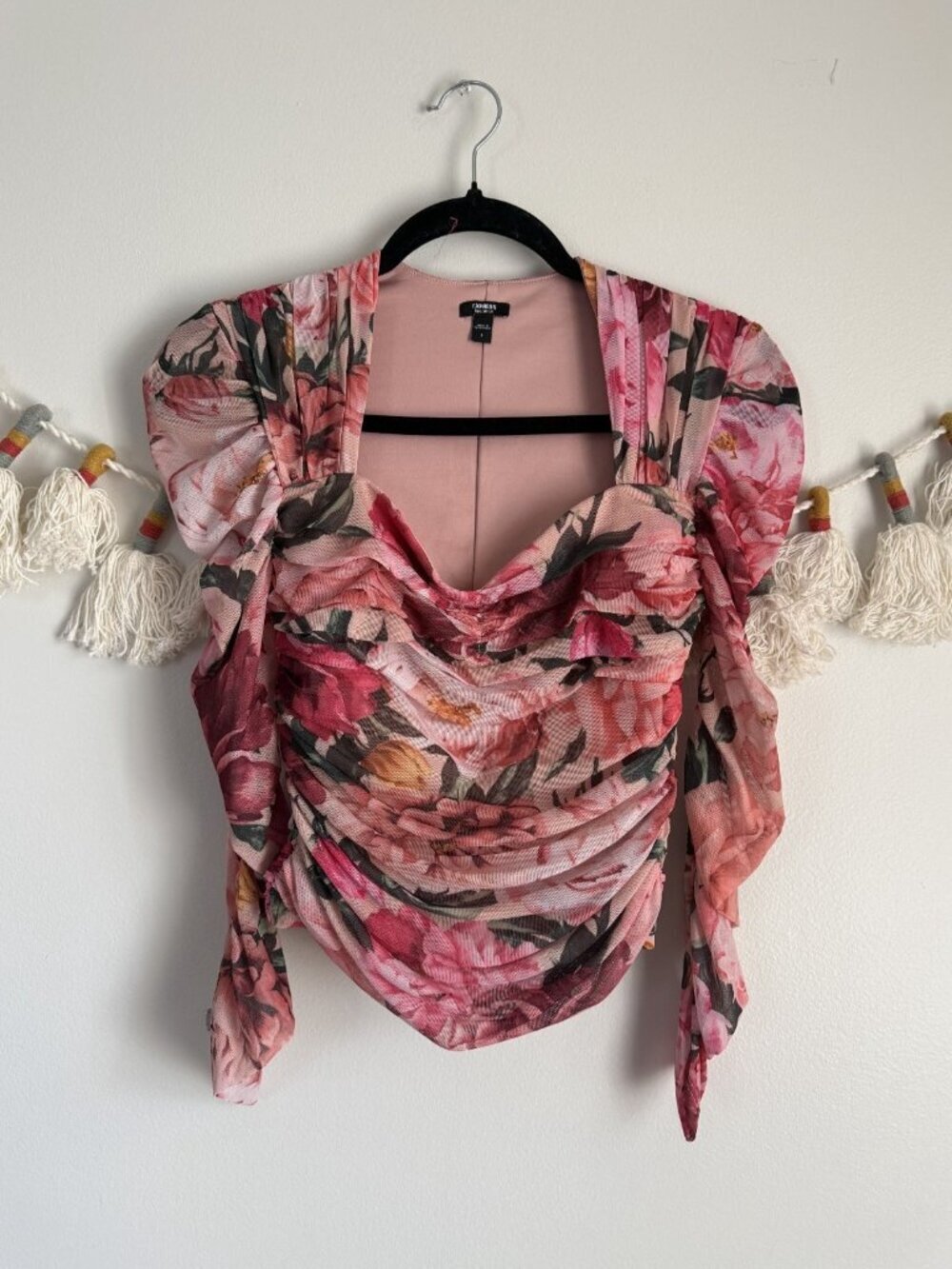 Express Body Contour Ruched Mesh Floral Top Feminine Whimsical Cottage Fairy S